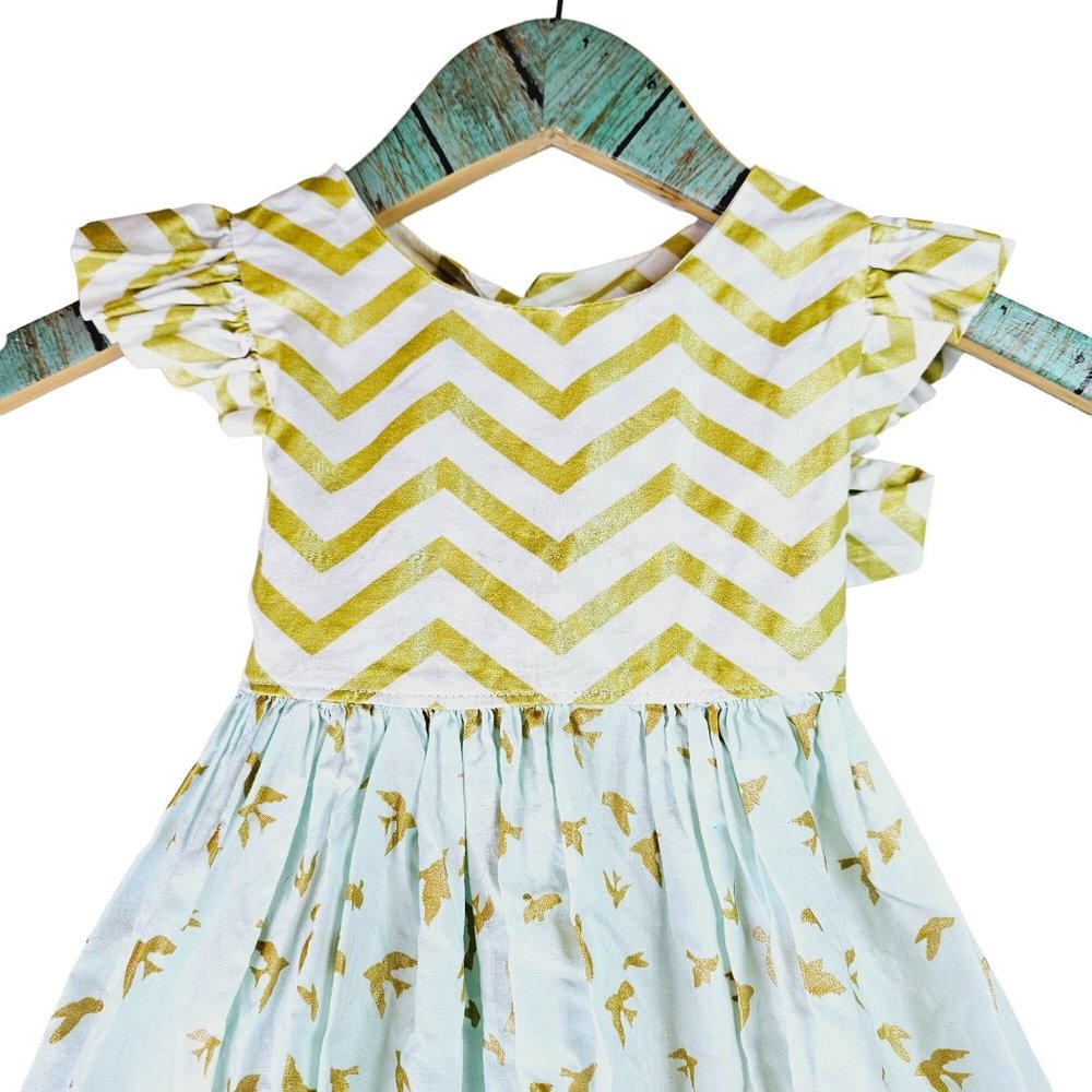 Little Mayz Handmade Dress Mix Match Pattern Gold Chevron with Dove Bottom, 2T - Picture 3 of 6